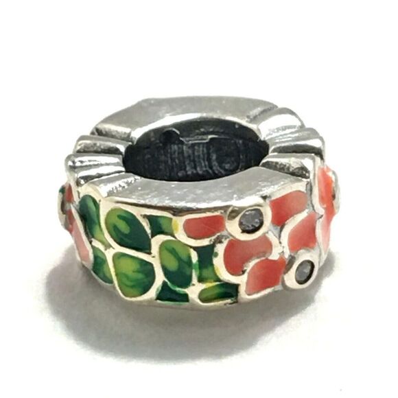 Sterling Silver Bead Charm 925 CZ Peach Green Flowers For DIY Bracelets - Picture 9 of 12